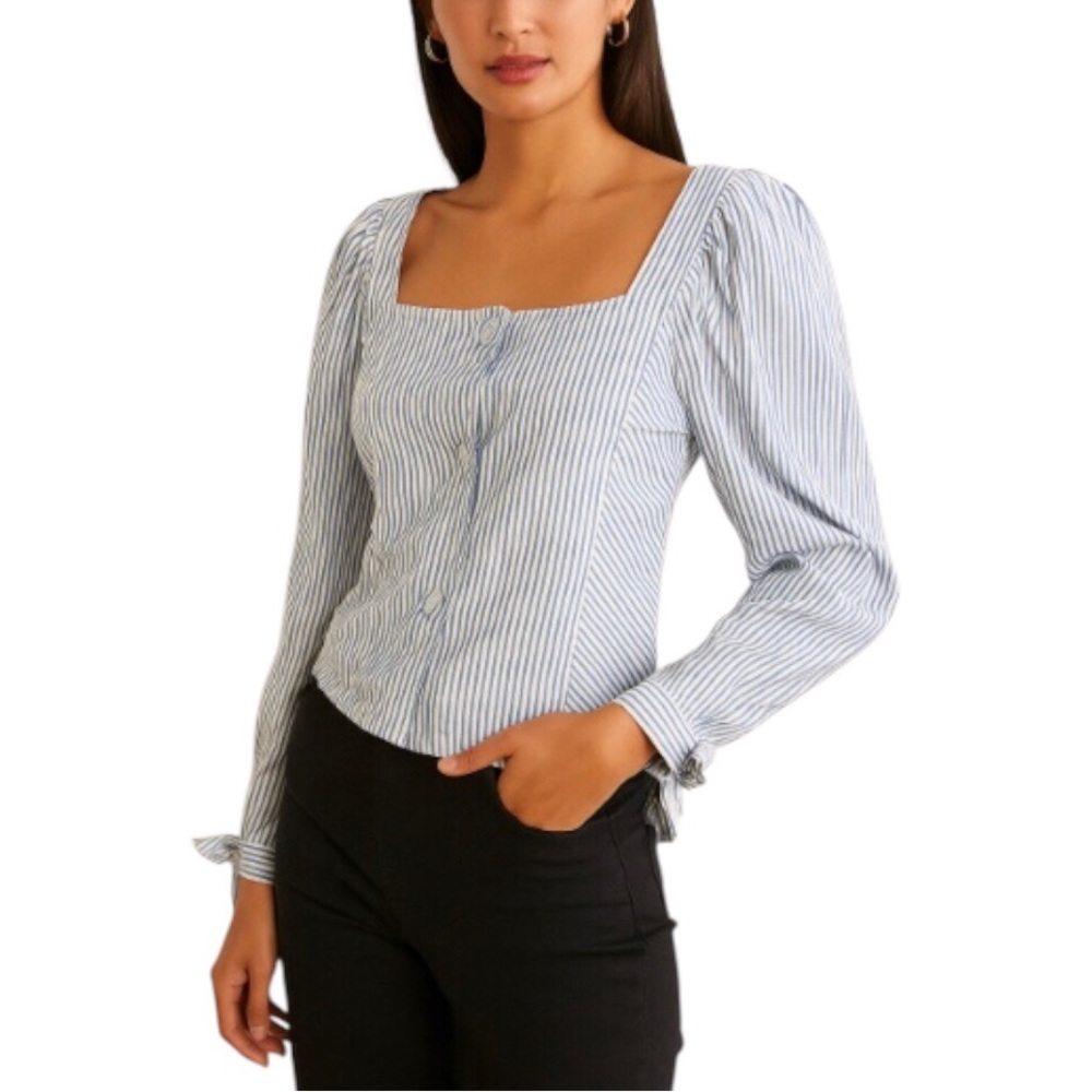 Mille Resort & Travel Blue White  Striped Top Size XXS Square Neck Button-up